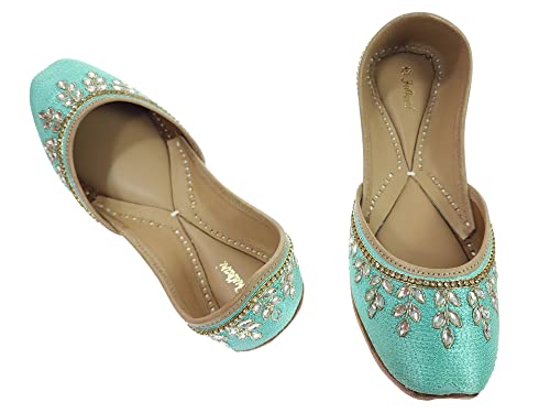 Image of Fulkari Women's Dolli Gold Genuine Soft Leather Embroidered Jutis | Bite and Pinch Free Jutti | Punjabi Formal Juttis | Girl's Wedding Flat Ladies Mojari | Formal Ethnic Juti |