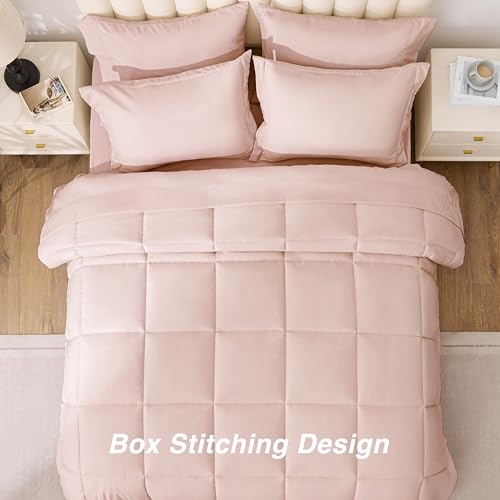 Love's cabin Queen Comforter Set Blush Pink, 7 Pieces Queen Bed in a Bag, All Season Bedding Sets with 1 Comforter, 1 Flat Sheet, 1 Fitted Sheet, 2 Pillowcase and 2 Pillow Sham by Love's cabin - Used condition - Image 4