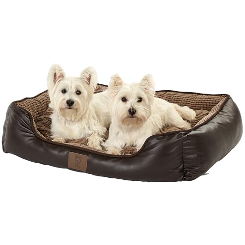Bunty Tuscan Dog Bed, Large - Leather Look Pet Bed, Chew Resistant, Soft Fleece Interior, High Density Filling, Firm Insulating Base - Made in the UK - Large