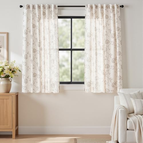 jinchan Taupe Floral Linen Curtains 63 Inch Vintage Back Tab 2 Panels