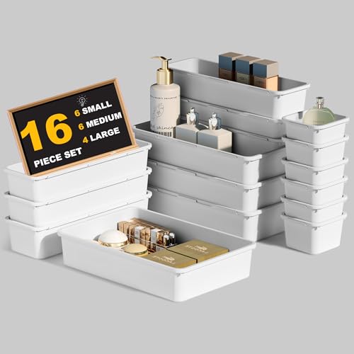 QUELIEN Desk Drawer Organizer Tray Set, 16PCS Plastic Drawer Organizer