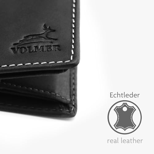 Fa.Volmer ® Portfel z prawdziwej skóry | ochrona RFID | 9 przegródek na karty + kieszeń na monety | w zestawie pudełko prezentowe | model: CityWalker, czarny, M, Klasyczny