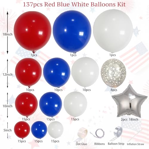 Image of PartyXpress 137PCS Red Blue White Balloon Arch Garland Kit with Silver Star Foil Balloons for Patriotic Party, 4th of July Decorations, Graduation, Baseball Birthday, Nautical, Labor Day