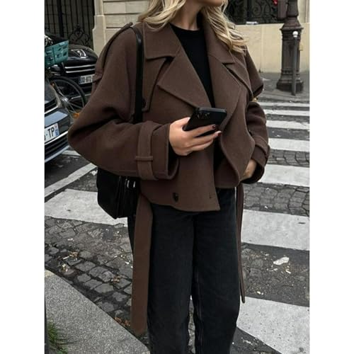 Deep Brown Jacket Cropped Notch Collar Button Up Belted Oversized Long Sleeve Fall Streetwear Casual Jacket4