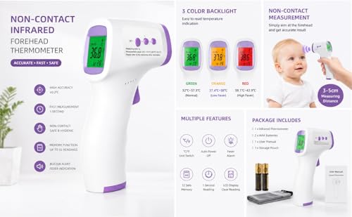 Image of Non-Contact Infrared Forehead Thermometer for Adults & Kids | Fast & Accurate Digital Fever Check | LCD Display | 3-Color Fever Indicator | Memory Function | Free 2xAAA Batteries Included