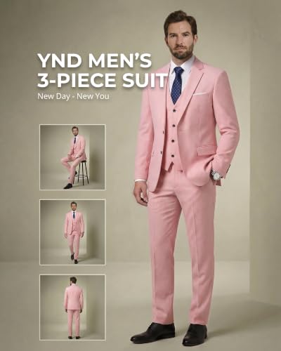 Image of YND Men's 3 Piece Suit with Tie, Solid Color Slim Fit Jacket Vest and Pants