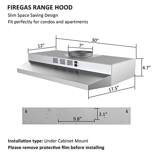 FIREGAS 30 Inch Under Cabinet Range Hood, 300 CFM Powerful & 45dB Quiet Vent Hood, Slim Stainless Steel Stove Hood for Kitchen & Apartments, 2-Speed Exhaust Fan, Ducted/Ductless Convertible by FIREGAS - Image 9