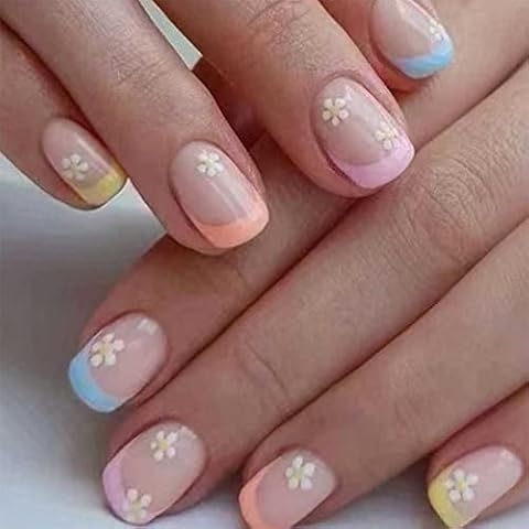 Hkanlre Square French Press on Nails Short Cute Fake Nails Acrylic Flower False Nails for Women and Girls 24PCS Cover