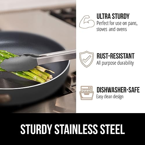 Image of GORILLA GRIP Stainless Steel Heat Resistant Kitchen Tongs for Cooking, Set of 2 BBQ Tong, Non Scratch Silicone Tip for Pans, Strong Grip, Grab Food, Toss Salad, Air Fryer, Pull Lock, 7 + 9 Inch, Gray