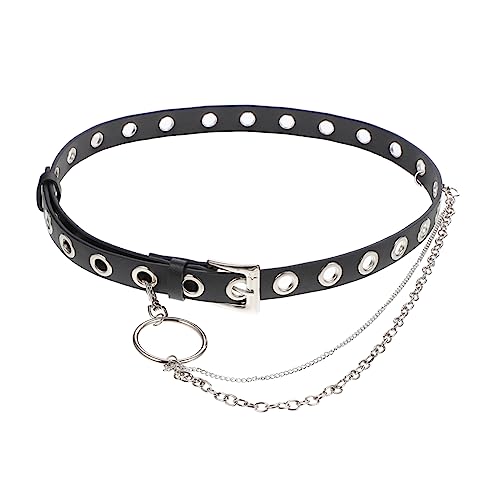 FRCOLOR Grommet Leather Belt with Chain for Men and Women Punk Aesthetic Waist Belt for Vintage Jeans Durable PU Leather Accessory for Casual Wear and Halloween Parties