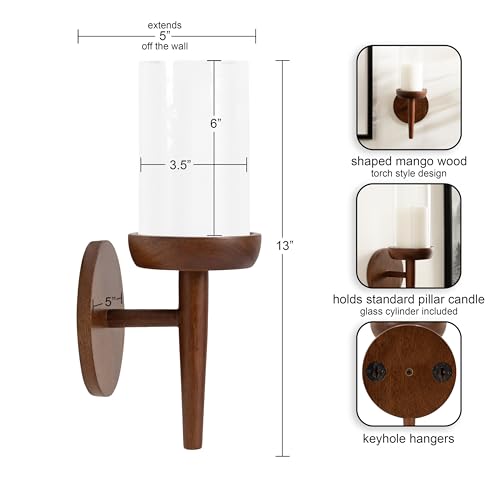 Kate and Laurel Shae Transitional Wooden Wall Sconce; 5 x 5 x 13; Walnut Brown; Modern Candle Holder with Removable Glass Cylinder for Flameless Pillar Candles in Bedroom or Entryway by Kate and Laurel - Image 2