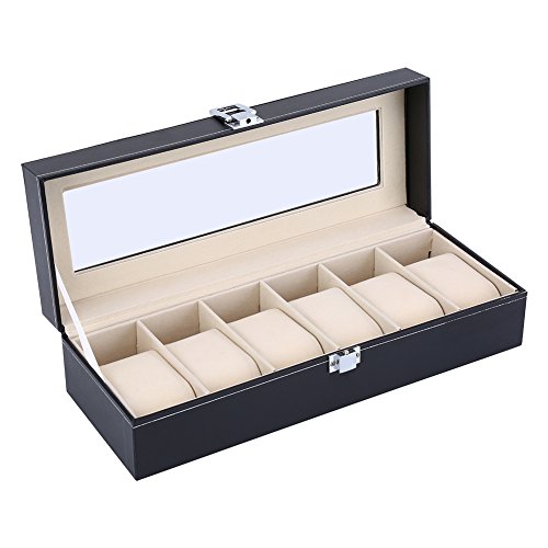 SOULONG Écrin pour Montres Coffret/Présentoir à Montres en Cuir Boîte de Rangement pour Montre avec Couvercle Transparent Velours Intérieur, 6 Montres, Noir