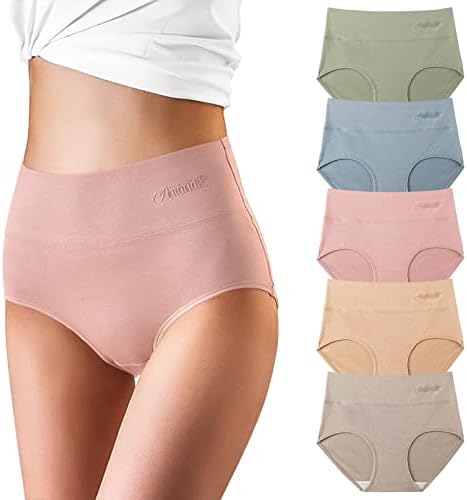 Women's High Waisted Underwear Cotton Soft Full Coverage Briefs Pantie(N190-Beige+Pink+Bule+Green+Khaki-L)