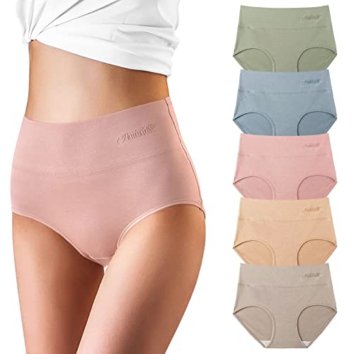 Women's High Waisted Underwear Cotton Soft Full Coverage Briefs Pantie(N190-Beige+Pink+Bule+Green+Khaki-L) #TOP1