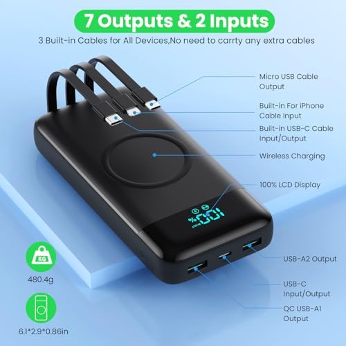 Wireless Portable Charger 40800mAh with 3 Built-in Cables,7-in-1 15W Wireless Charging Power Bank,25W PD QC 4.0 Fast Charging USB C Travel Essentials Battery Pack for iPhone 17/16/15/14,Galaxy,Android — view 4