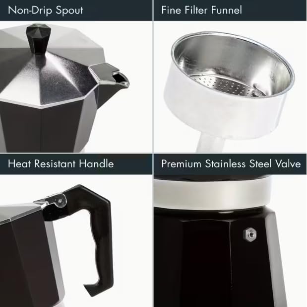 HomeBeyond 12 Cup Aluminum Moka Pot, Classic Stovetop Espresso Maker, 600ml / 20oz Coffeemaker for Gas & Ceramic Stovetops (Silver)