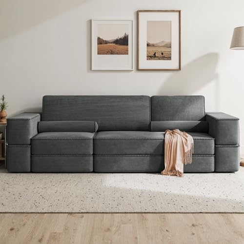 YITAHOME 103" Convertible Sofa, Corduroy Cloud Sectional Couch, Boneless Couch Sofa Bed with Deep Seat & Tall Pillows, Sectional Couches for Living Room Grey 103.5"