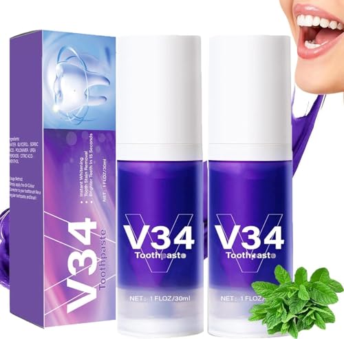 Blanqueador Dental V34,Blanqueador Dental V34 Pasta Blanqueadora Dientes,Pasta de Dientes Blanqueadora,Blanqueador dientes morado,color corrector serum dientes V34,PurpleTeeth Whitening(2PCS)