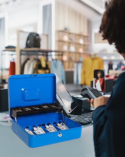 Cash Box With Money Tray And Lock, Large Money Box For Cash, 5 Coin Compartments, 4 Spring-Loaded, Money Safe With Security Cable, Blue #TOP7