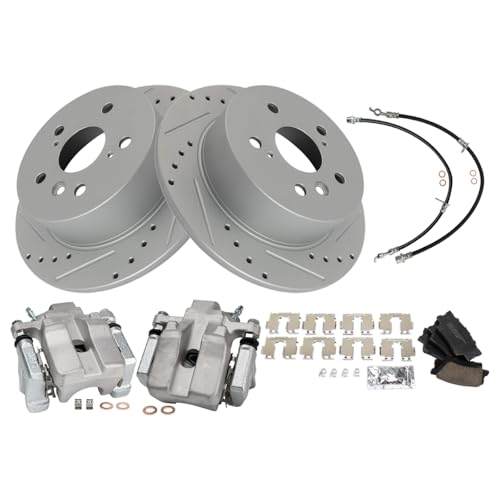 Image of TRQ Performance Rear Brake Pad and Rotor Set Ceramic Slotted Drilled Coated Rotors Calipers Compatible with 2007-2012 Lexus ES350 2008-2012 Toyota Avalon 2007-2011 Camry