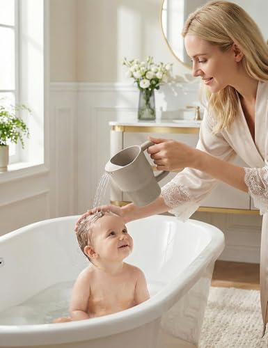 Image of Roslim Silicone Baby Bath Rinse Cup, Shampoo & Body Rinser with Easy-Grip Handle for Rinsing Hair and Body Washing, Lightweight, Non-Toxic for Babies, Toddlers, Kids (Taupe)