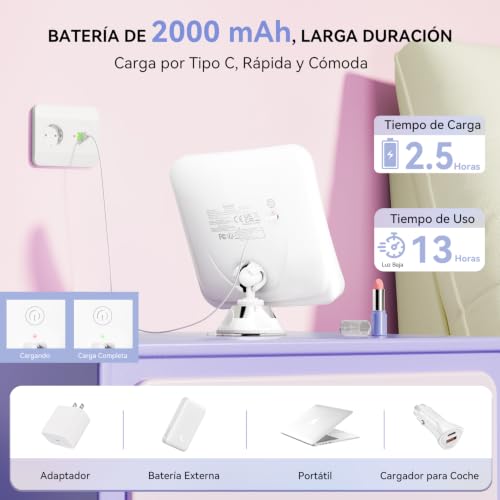 Miniatura 5 de Auxmir Espejo Maquillaje Con Luz 30x, Espejo Aumento Ventosa Ducha, 2000 Mah Usb Recargable, 360 Giratorio, 3 Colores De Luz, Inalámbrico Para Pared Baño Viaje, Afeitado Depilación Cejas, Cuadrado