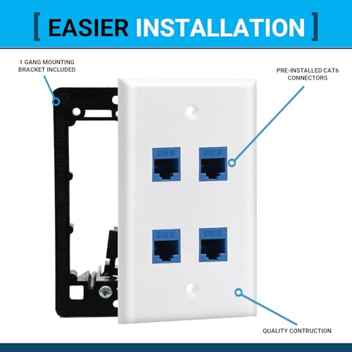DIYTECH 4 Port Ethernet Wall Plate, Cat 6, Wall Outlet, RJ45 Female to Female Keystone Jacks - White by DIYTECH - Used condition - US$9.48