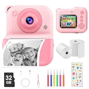 Glyntora Kids Instant Camera Printer,1440P HD Instant Camera for Kids 2.4'' Screen Digital Camera with 32GB Card & 2 Rolls Print Paper Birthday Gifts Toys for Boys Girls Aged 3-12 Pink