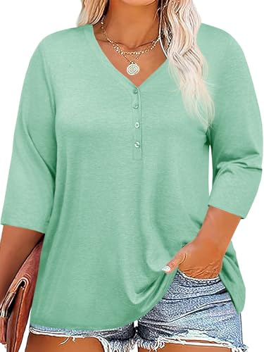 Tankaneo Women Plus Size T Shirts V Neck 3/4 Sleeve Casual Tunic Tees Tops