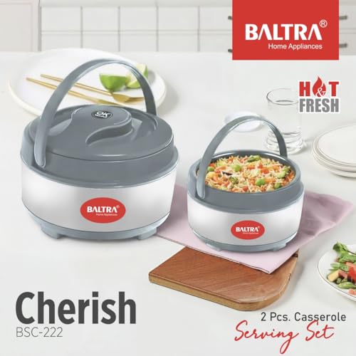 Image of BALTRA Inner Stainless Steel Thermoware Casserole Set with Lid for Roti /Chapati | (1000ml, 1500ml) Insulated Hot Pot for Hot Meal /Chapati /Curry Set /Biryani | Serving Bowl with Lid (Cherish Set of 2)