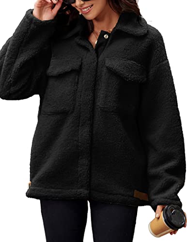 Hotouch Womens Plus Size Teddy Bear Jacket Fleece Coat Long Sleeve Sherpa Jacket Button Outwear With Pockets Winter Black M #TOP23