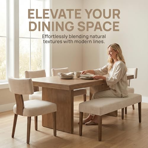 Image of HNY Mid Century Modern Dining Chairs Set of 4, Upholstered Linen Kitchen & Dining Room Chairs with Ergonomic Curved Backrest, Solid Wood Legs, Farmhouse Accent Chair for Home, Apartment, Beige