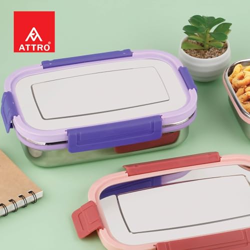 Image of ATTRO Sparkle Big Stainless Steel Lunch Box 2-Piece Set - 900ml + 200ml - Leak-Proof, BPA-Free, Compact & Durable - Ideal for Kids, Office, Travel - Purple