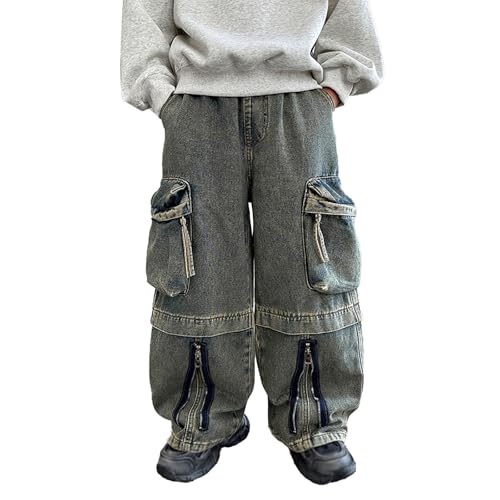 Cargo Pants for Boys Baggy Wide Leg Loose Fit Elastic Waist Casual Lightweight Stretch Denim Pants with Pockets