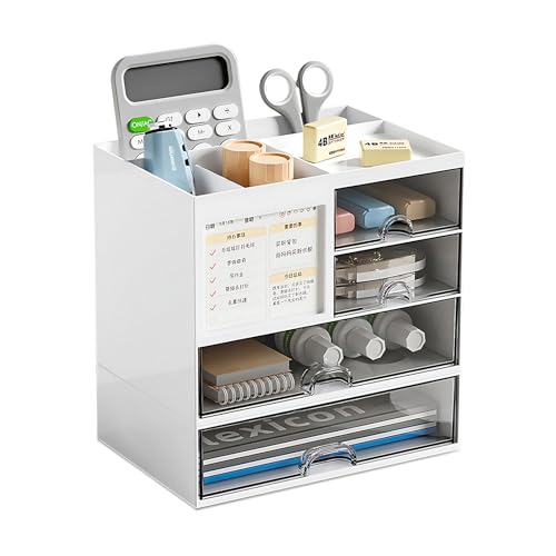 ikbia デスク収納ボックス 大容量｜組み合わせ自由 + 引き出し付き｜卓上オーガナイザー 文房具・書類整理・小物収納｜透明ホワイト｜オフィス・家庭・勉強机・子供部屋に最適｜シンプルデザイン 長持ち素材