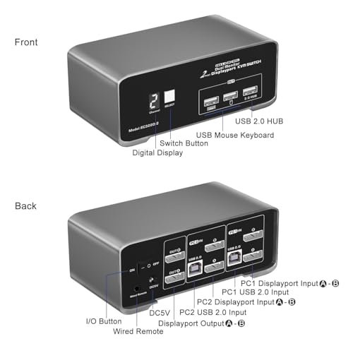 Commutateur KVM DP pour 2 ordinateurs et 2 moniteurs 4K 60Hz avec télécommande