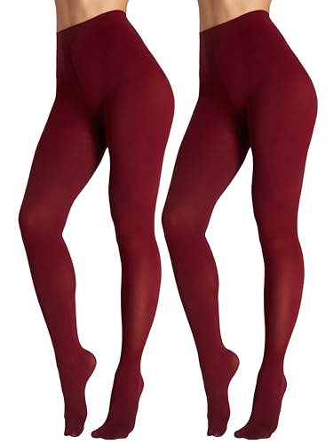 Seidiva 2Pairs Opaque Tights for Women 80D High Waist Womens Stockings Soft & Elastic Womens Pantyhose with 20+ Colors_2Burgundy-L