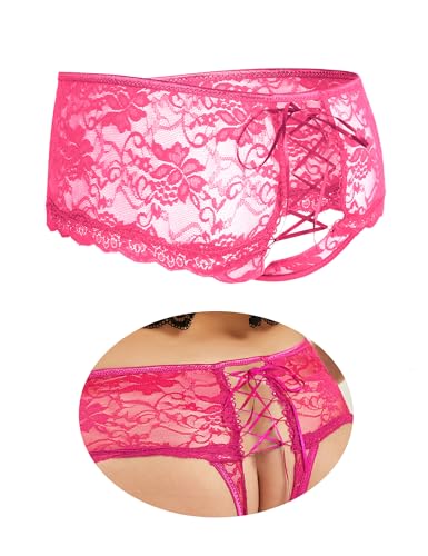 ohmydear Women's Floral Lace French Knickers Plus Size Sexy Panties Adjustable Criss Cross Womens Briefs Comfort Ladies Underwear Pink Mesh Thongs Underpants UK 12-14