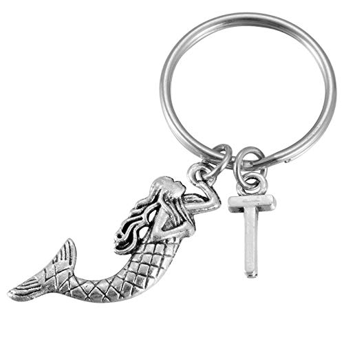 Initial Letter Mermaid Charm Keychain Tibetan Silver Mermaid Accessories Keyring for Girls Women
