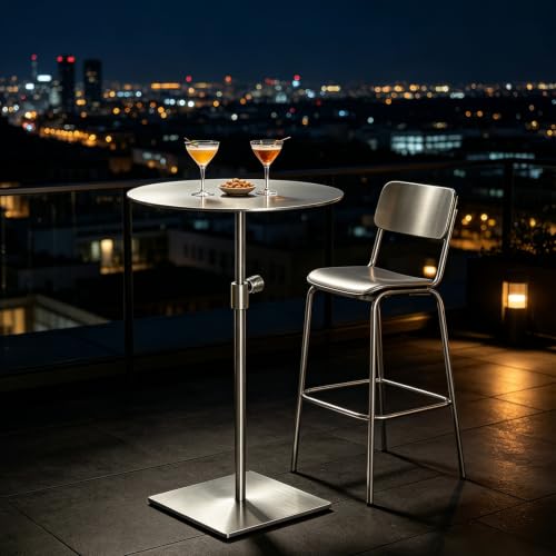 Mesa de bar de acero inoxidable ajustable con base cuadrada estable 2
