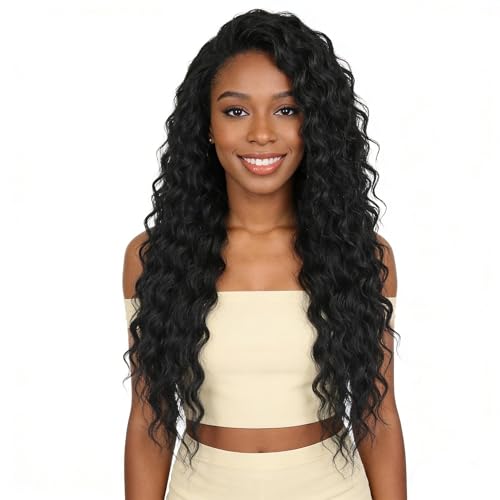 Image of GNIMEGIL 26 Inch Long Black Curly Wigs for Women Water Wave Synthetic Hairpiece Voluminous Deep Wavy Dark Black Wig for Cosplay Halloween Costume and Daily Drag Queen Carnival Hairstyles