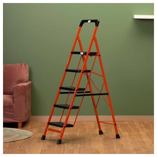 BonKaso Premium Steel Multipurpose Climb Easy Anti-Slip 5-Step Foldable Ladder with Safety Clutch Lock, Support Handle and Tool Tray for Home - (Orange & Black)