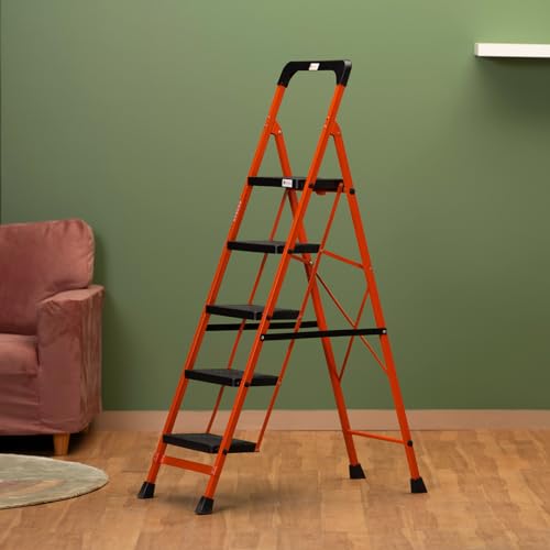 Image of BonKaso Climb Easy 5 Step Heavy Duty Steel Folding Climbing Ladder for Home, Home & Office - with Safety Lock, Anti-Slip Wide Steps, Support Handle & Tool Tray (Orange & Black)