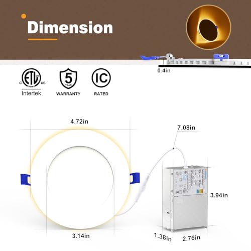 Image of VOLISUN 12 Pack 4 Inch 5CCT Recessed Light with Night Light, 810LM | Canless LED Recessed Lighting 4 inch,2700K-5000K Selectable,9.5W=80W, Dimmable Recessed Ceiling Wafer Light,ETL Certificated