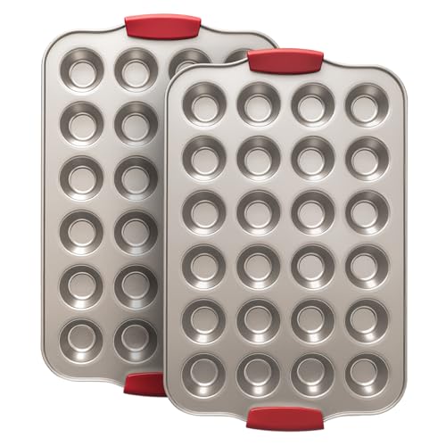 Shinsin Mini Muffin Pan, 24 Tin Cupcake Pan, Nonstick Small Muffin Tray with Silicone Grip Handles, Durable Mini Cheesecake Cup Cake Pans for Baking, 2-PACK,Gold