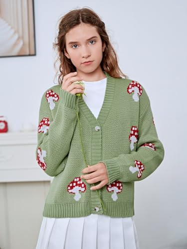 Image of Verdusa Girl's Graphic Sweater Long Sleeve V Neck Casual Button Down Cardigan Green a 14 Years
