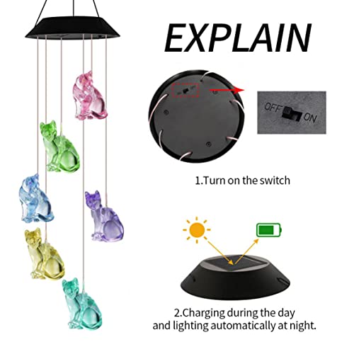 Carillon éolien chat solaire, cadeau idéal pour jardin et balcon