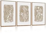 CHDITB Vintage Floral Framed Canvas Wall Art Set Of 3, Minimalist Wall Decor, Nature Inspired Wildflower Wall Painting, Neutral Botanical Flower Art Prints For Dining Room Bedroom Decor(12X16 Inch)