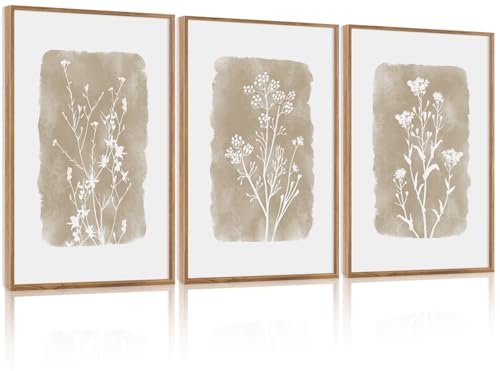CHDITB Vintage Floral Framed Canvas Wall Art Set Of 3, Minimalist Wall Decor, Nature Inspired Wildflower Wall Painting, Neutral Botanical Flower Art Prints For Dining Room Bedroom Decor(12X16 Inch)