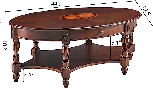 Jesonvid Solid Wood Oval Coffee Table With Drawer And Storage Shelf, Traditional Vintage Center Table Polished Edging Cocktail Tea Table For Living Room Bedroom Home, Cherry Walnut #TOP1